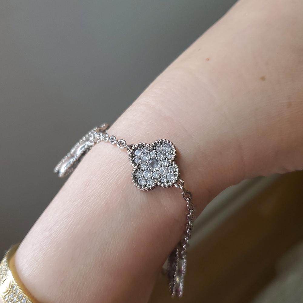 Intricate Silver Crystal Clover Bracelet with Delicate Chain - Picture 8 of 8
